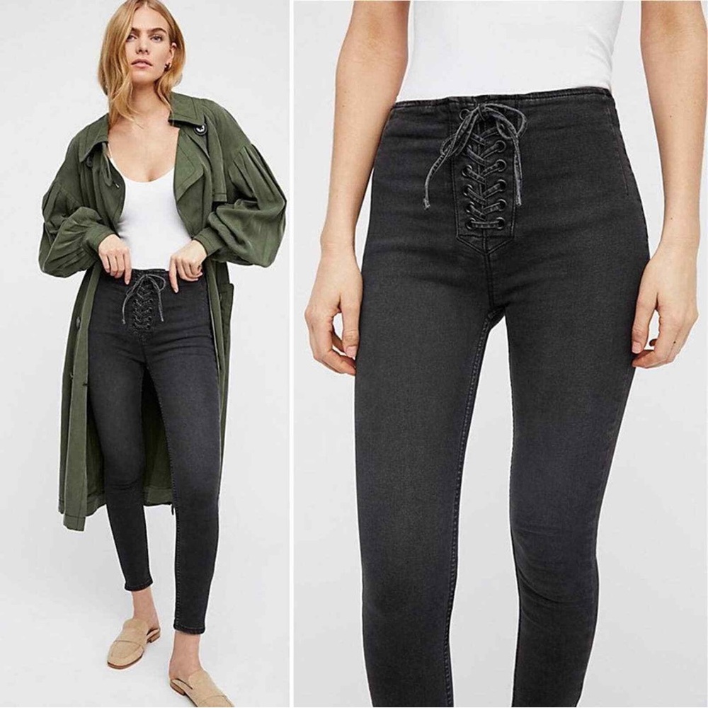 Free people high waist lace up skinny jeans in distressed black.